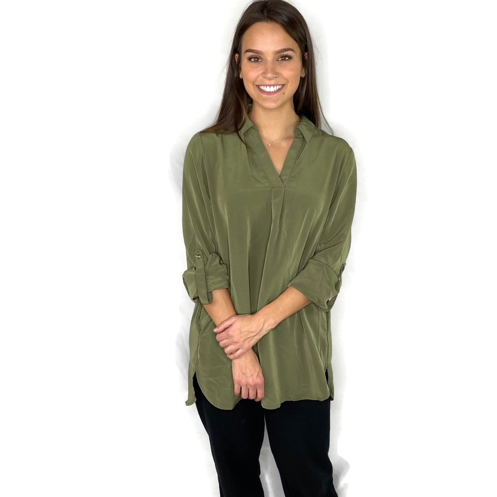 Vision155 Olive Green V-Neck Tunic Front Slide Pockets Bum Covering Medium